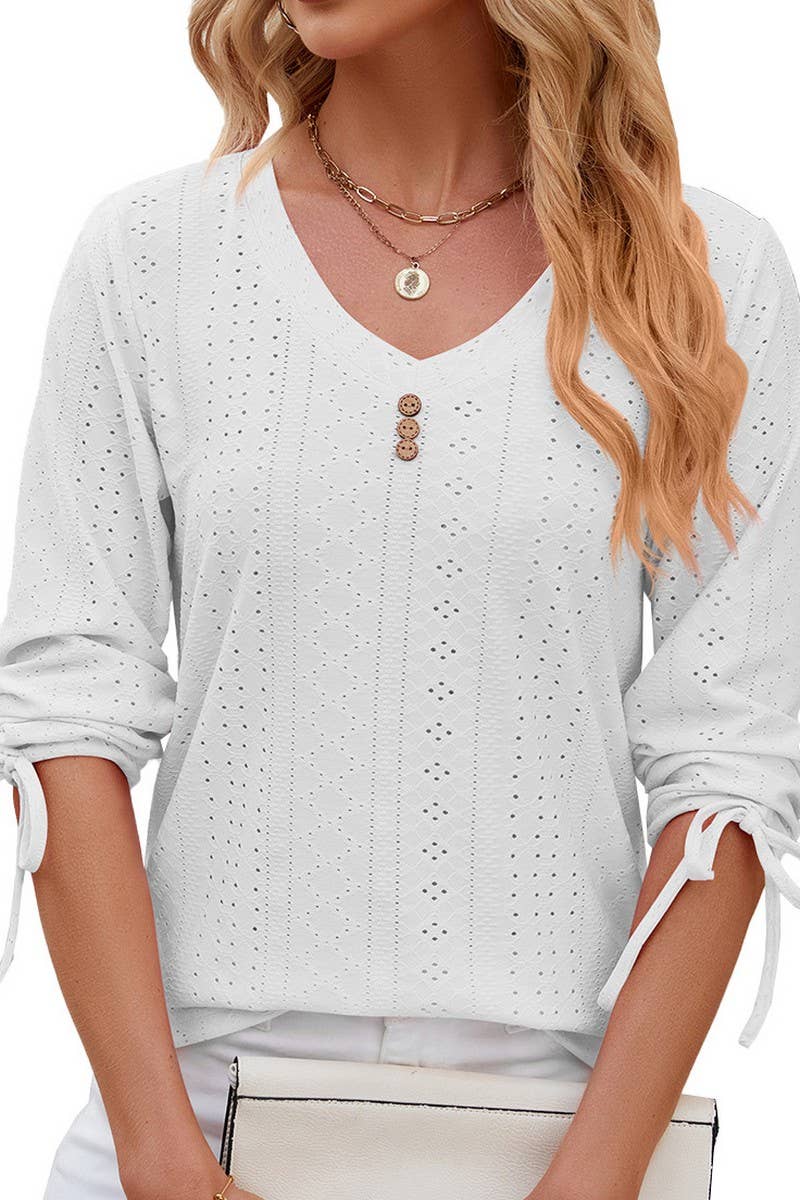 V NECK BUTTON DRAWSTRING T SHIRT_CWTSTS0191