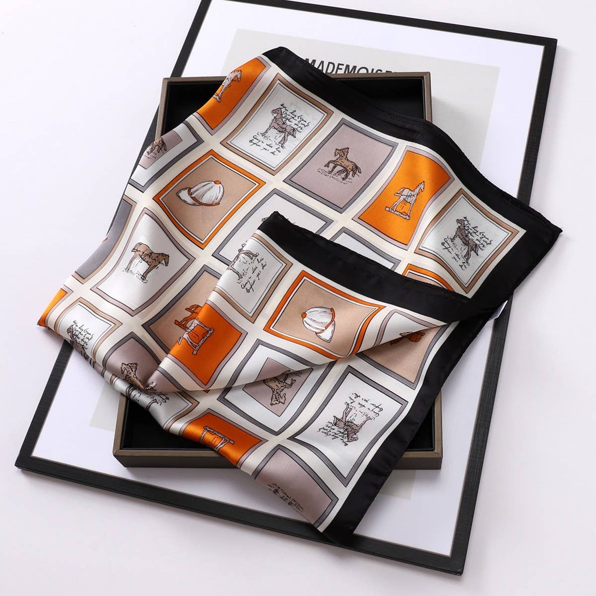 Vintage Letter Print Satin Square Scarf for Women