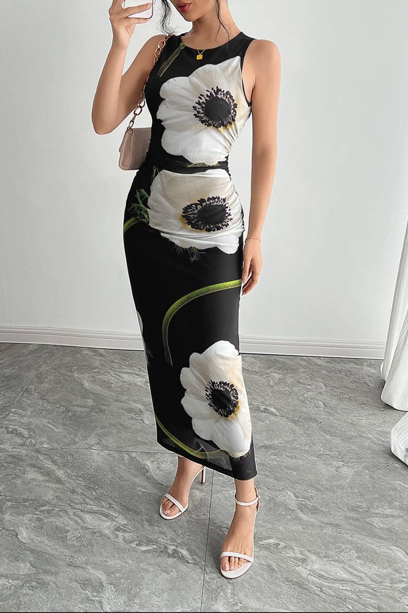 CWDMD5751_BLACK MESH FLORAL PRINT SLEEVELESS MAXI DRESS