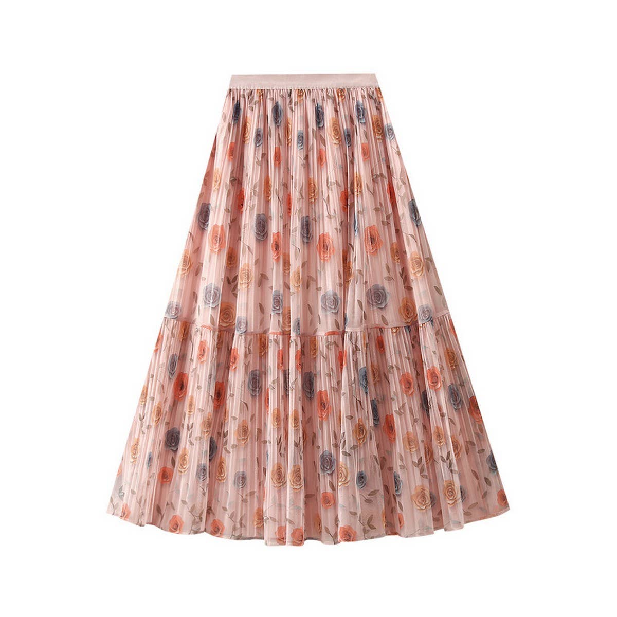 Reversible Rose Print Tulle Pleated Maxi Skirt
