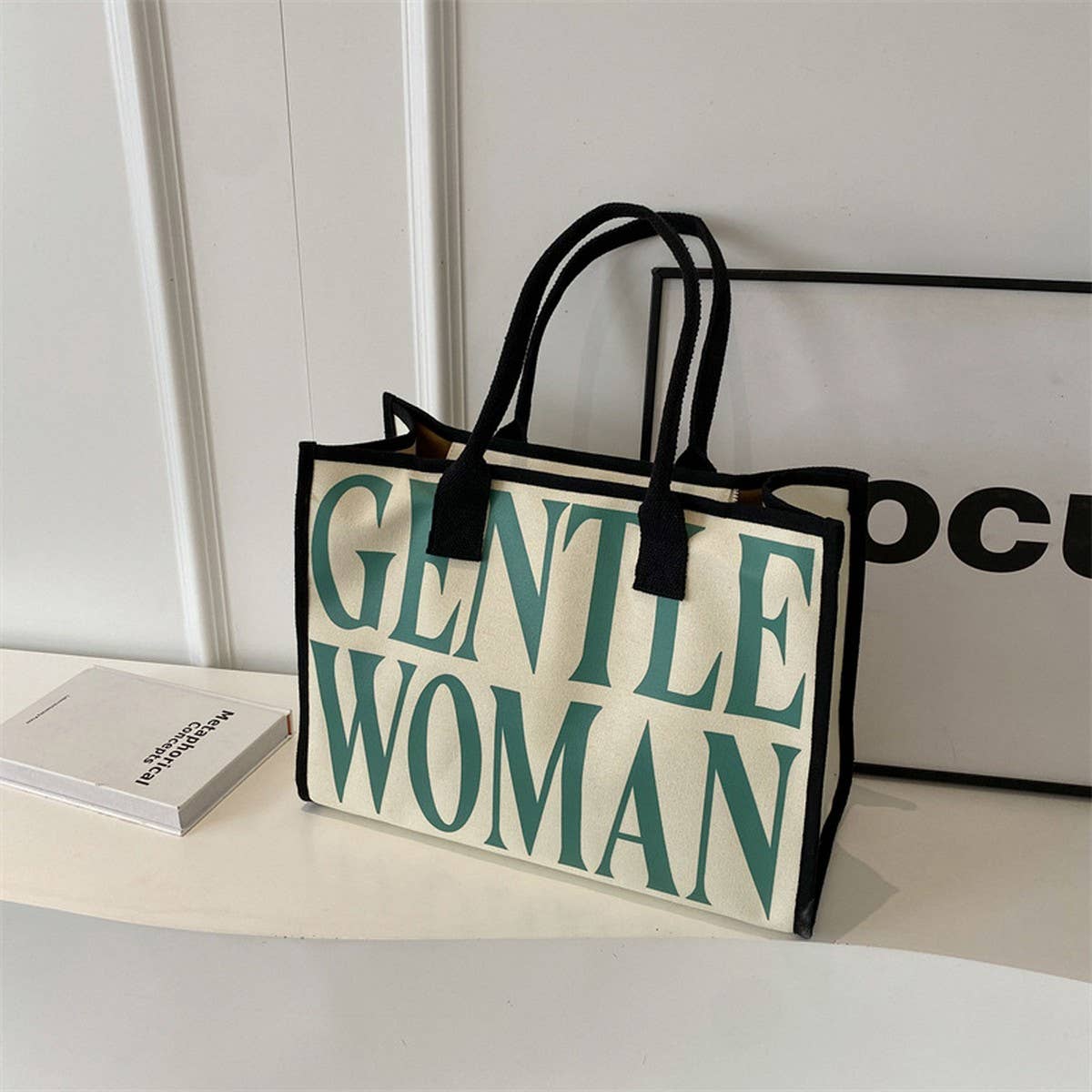 VINTAGE LETTER PRINT TOTE CANVAS BAG_CWAB2681