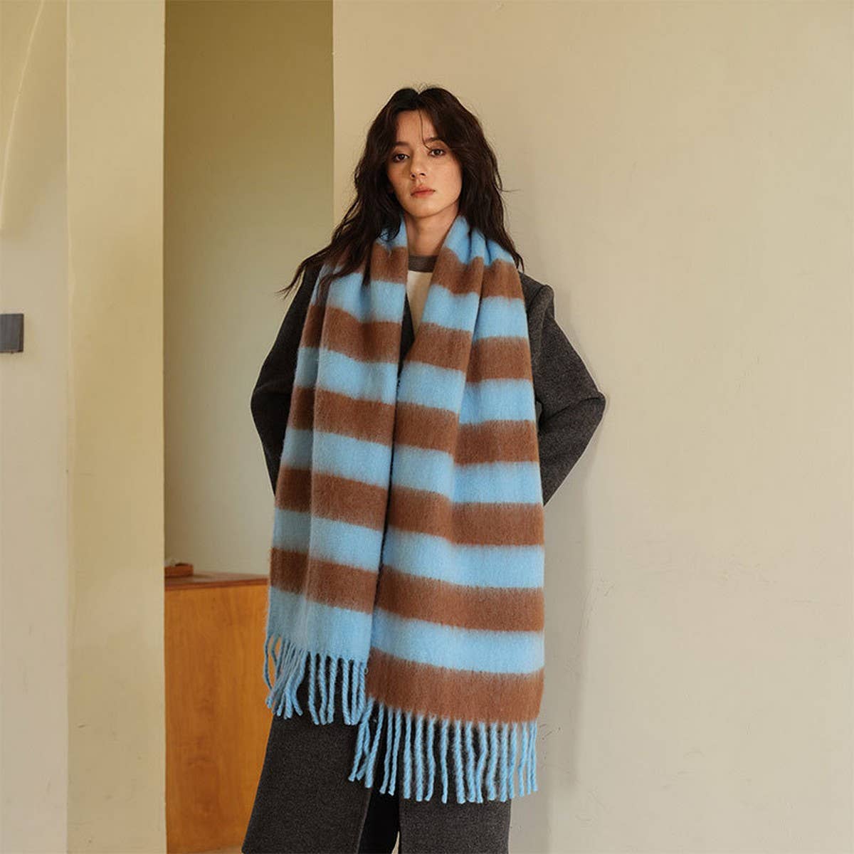 Blue-Brown Stripe Scarf - Thick Winter Wrap_CWASC2332