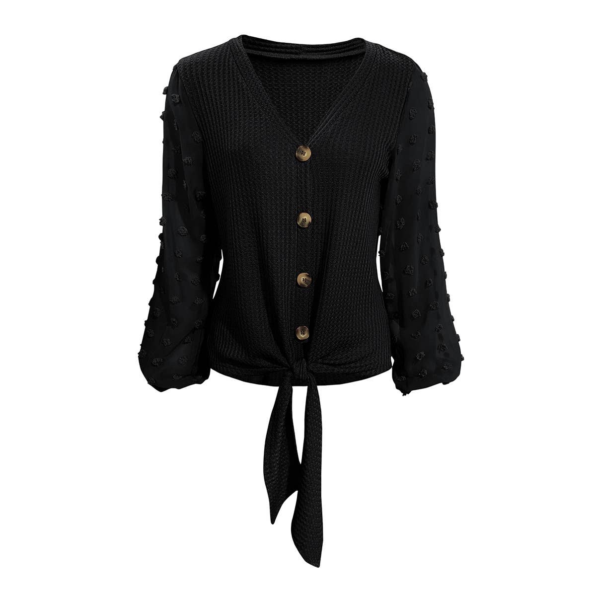 V-NECK KNOTTED JACQUARD PATCHWORK SLEEVE SWEATER