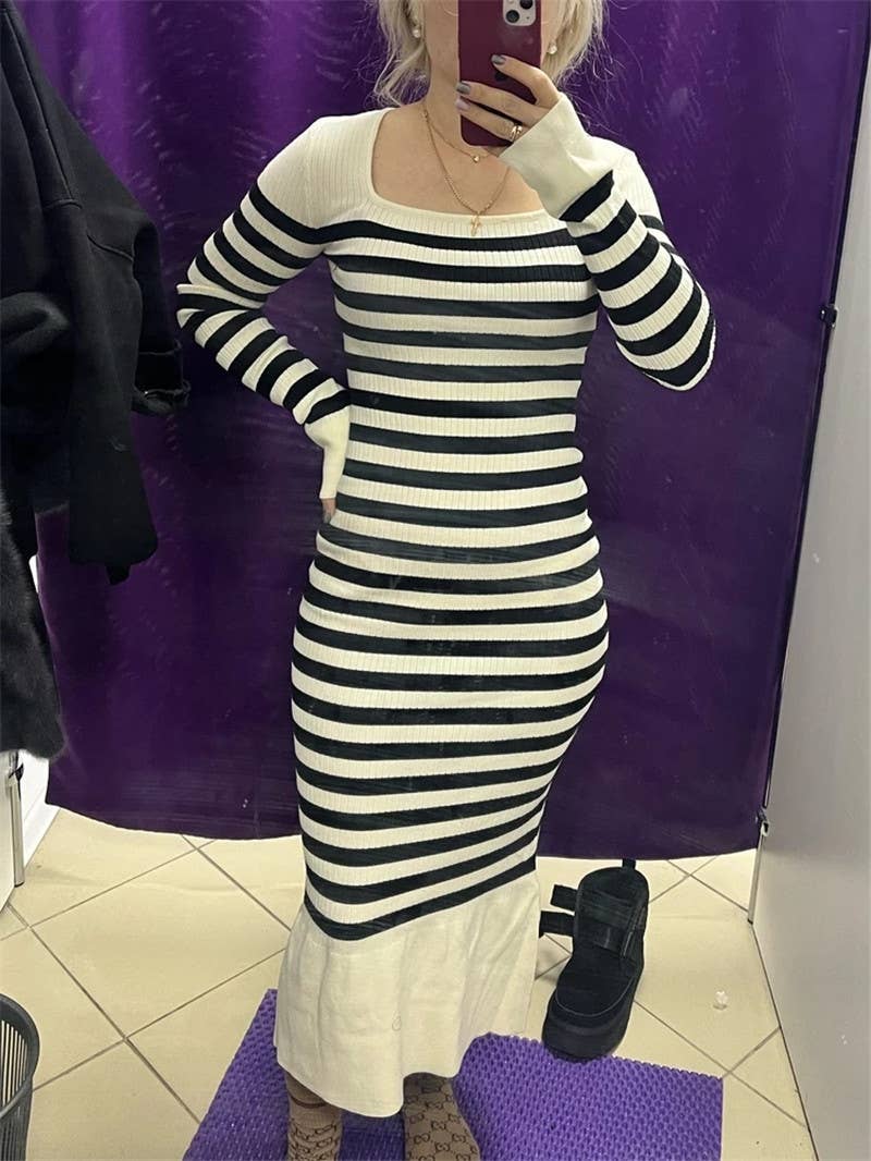 RETRO FASHION SQUARE COLLAR CASUAL SLIM-FIT DRESS