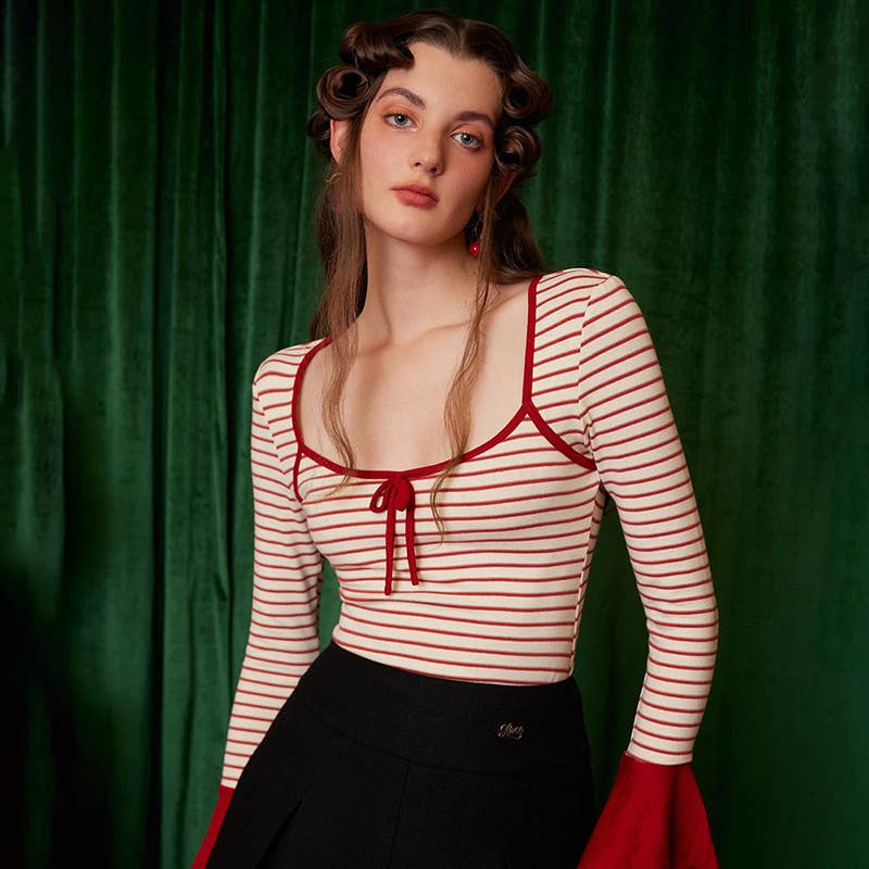 STRIPED SQUARE NECK FLARED LONG SLEEVE TOP