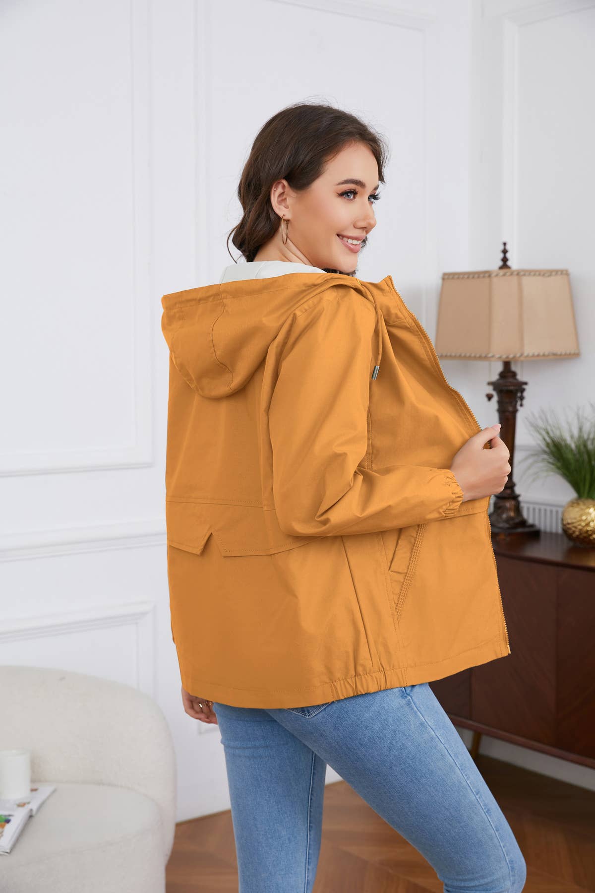 HOODED SOLID COLOR LONG SLEEVE TRENCH COAT