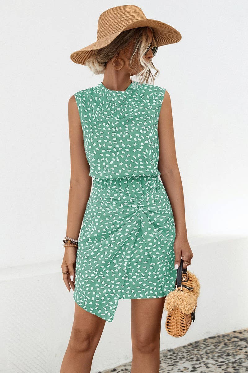 CWDSD7112_SUMMER POLKA DOT PILE NECK SLEEVELESS DRESS