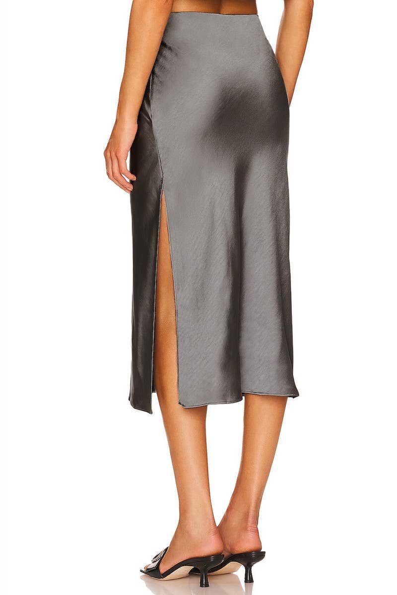 SATIN ELASTIC HIGH WAISTED SOLID SPLIT SKIRT