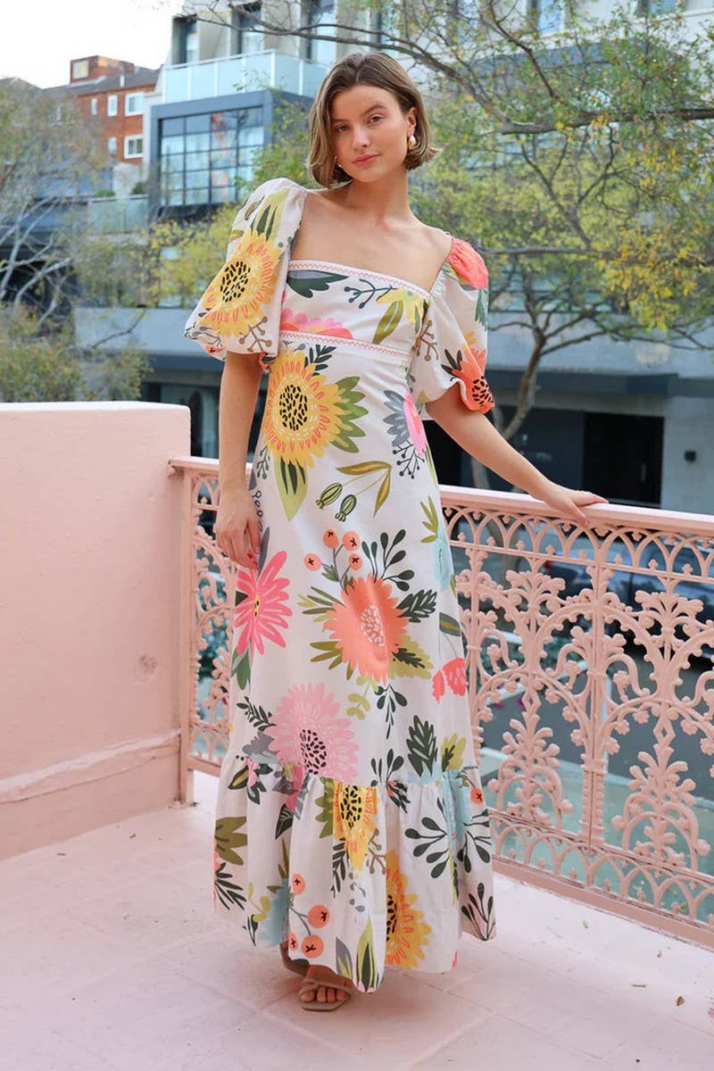 CWDMD5183_SQUARE NECK FLORAL PRINT LANTERN SLEEVE DRESS