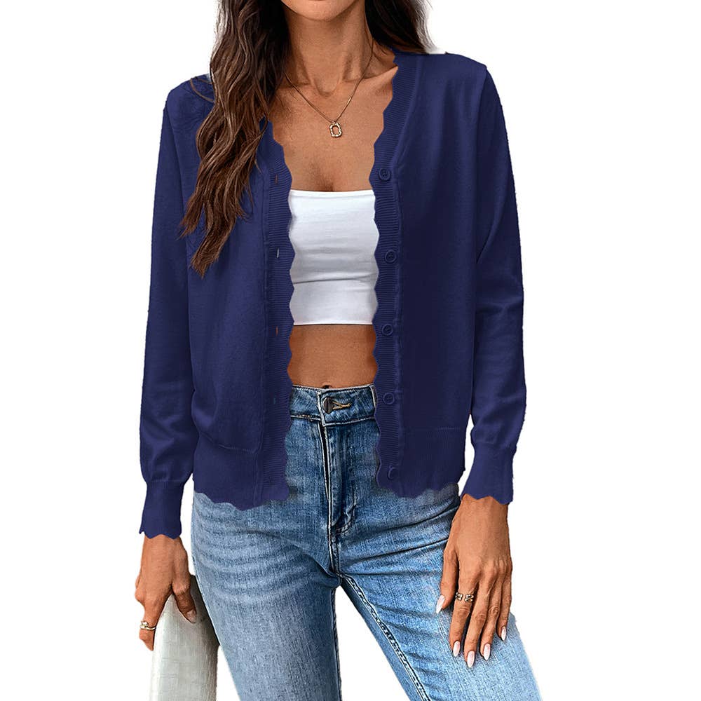 V-neck long-sleeved solid-color knitted cardigan