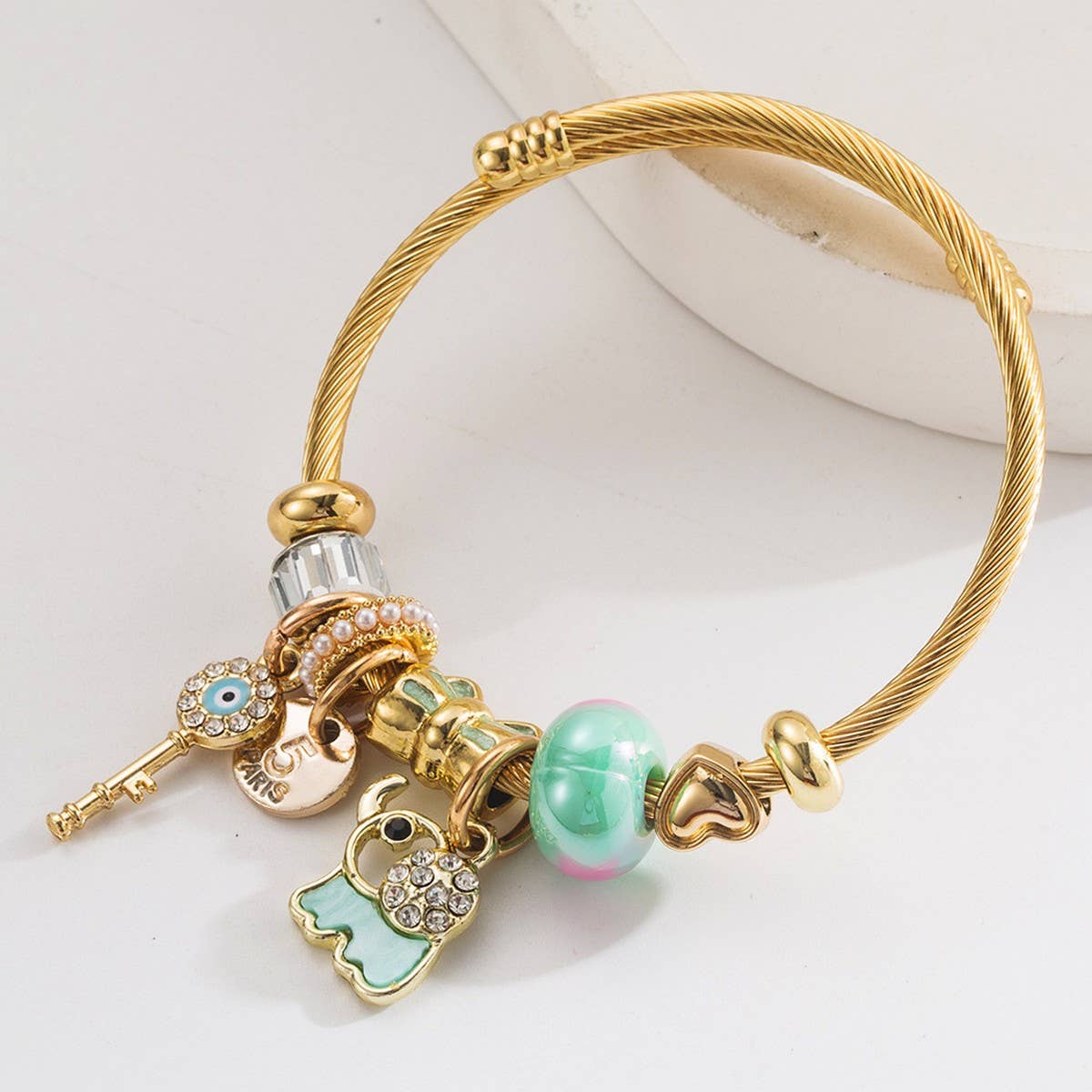 Trendy Elephant Key Letter Beaded Steel Bracelet