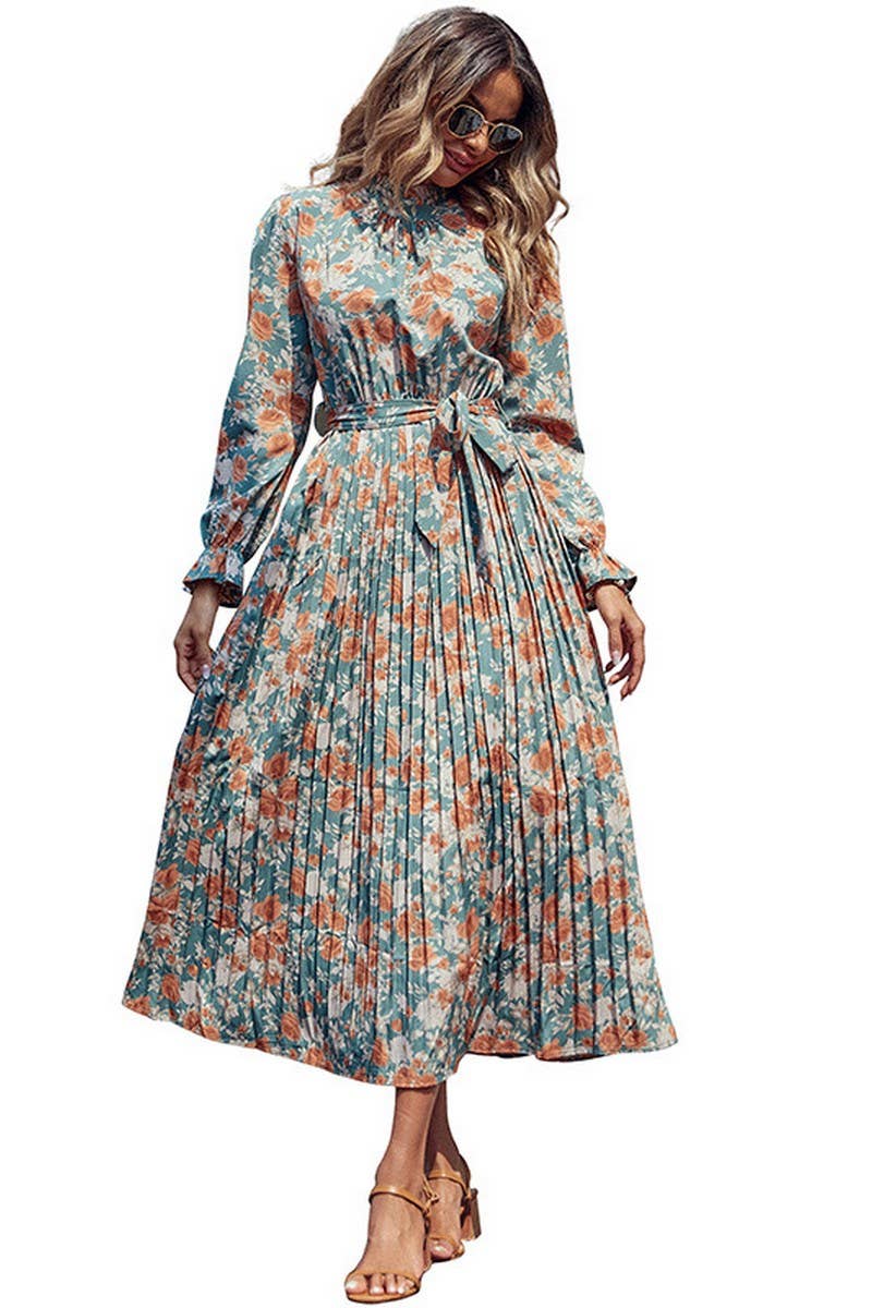 CWDMD3733_PRINTED LACE-UP PLEATED LONG DRESS