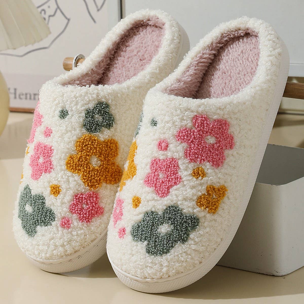 CUTE COLORFUL FLOWER WINTER WARM COTTON SLIPPERS