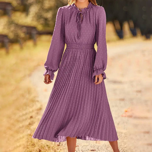 LONG SLEEVE POLKA DOT PLEATED FLOWING MAXI DRESS_CWDMD1321