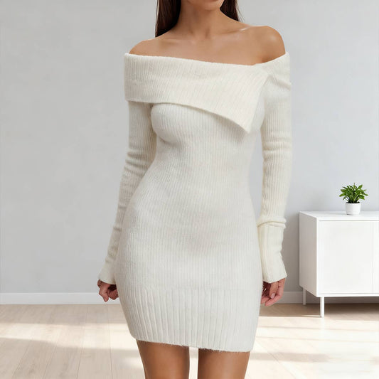 Off-the-shoulder long-sleeved body-hugging dress