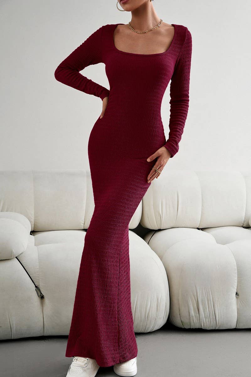 CWDMD4832_SLIM FIT SQUARE NECK LONG SLEEVE KNIT DRESS