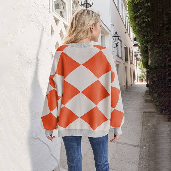 V-neck diamond check color knit cardigan coat