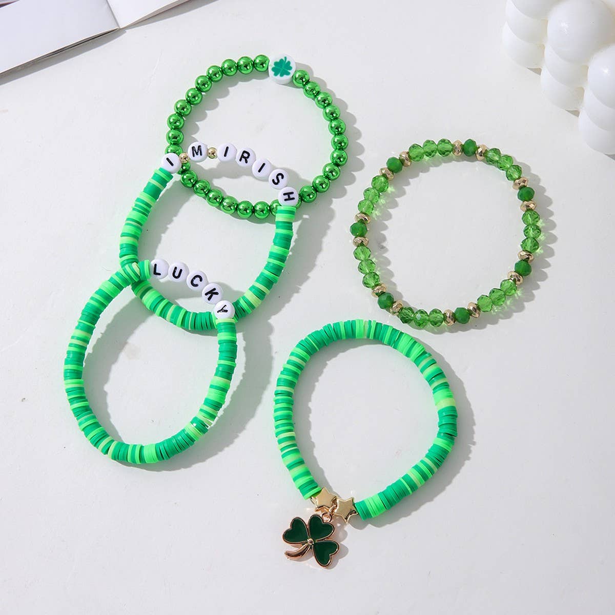 ST. PATRICK'S DAY GREEN SHAMROCK CHARM BRACELET SET_CWMM3496