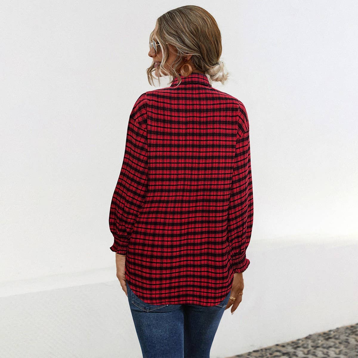 Temperament loose puffed sleeve plaid shirt