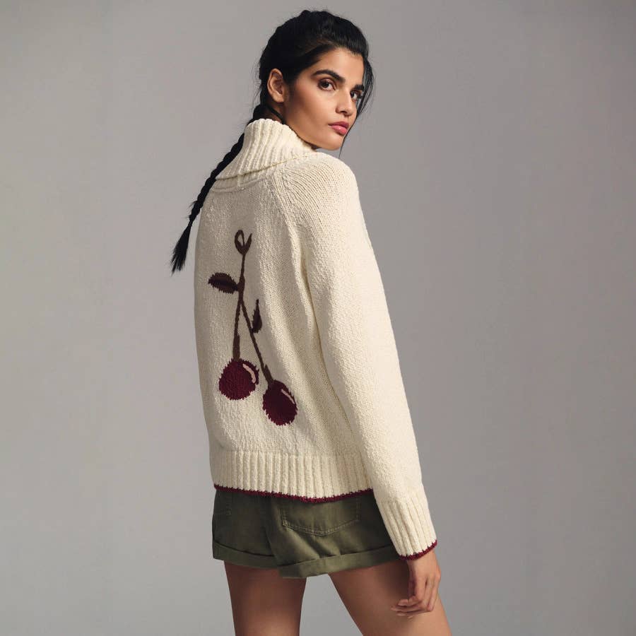 Lapel cherry jacquard single-breasted cardigan