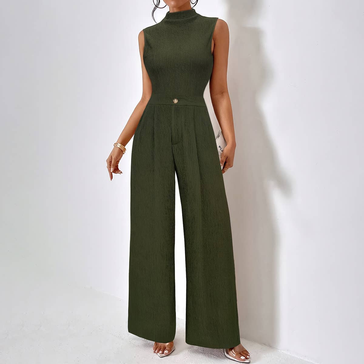 Jacquard stretch sleeveless pants wide leg pair