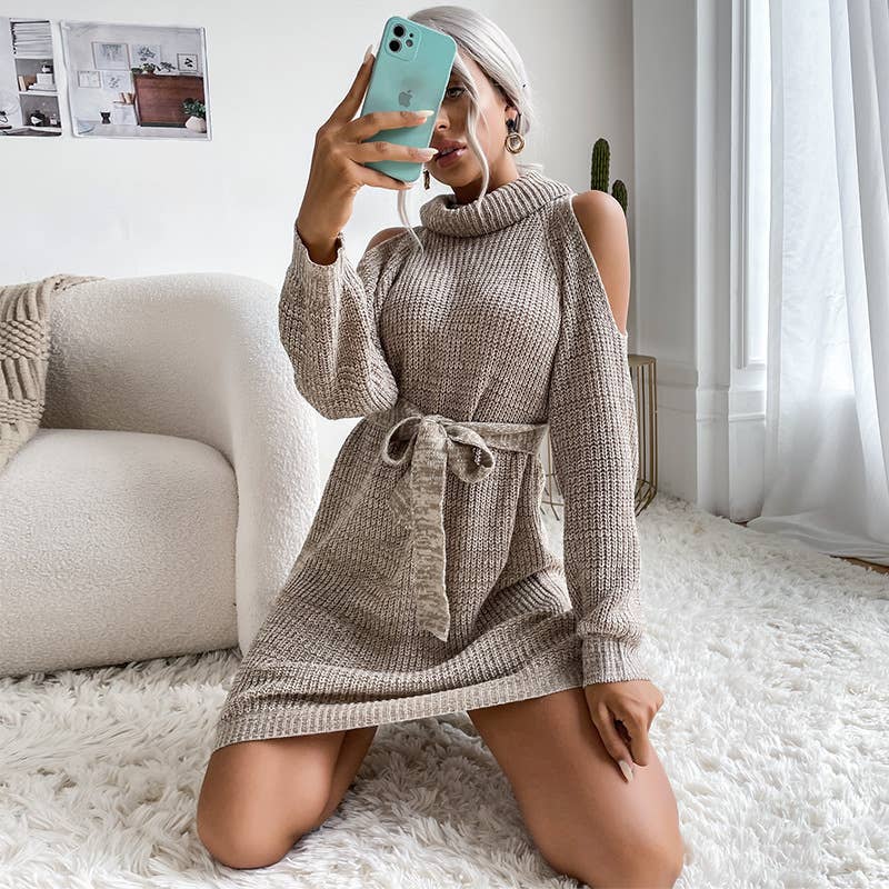 KNIT CUT-OUT OFF-THE-SHOULDER TURTLENECK DRESS