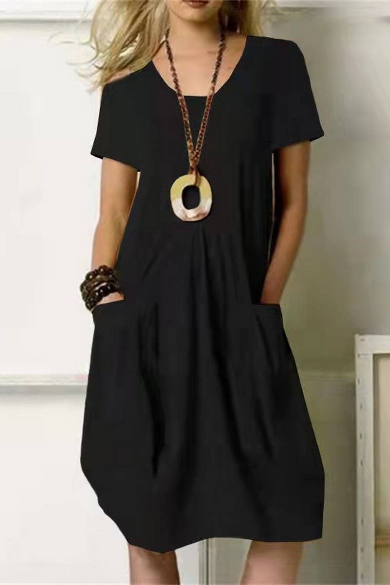 CWDSD10633_WOMEN'S LOOSE ROUND NECK SHORT SLEEVE DRESS