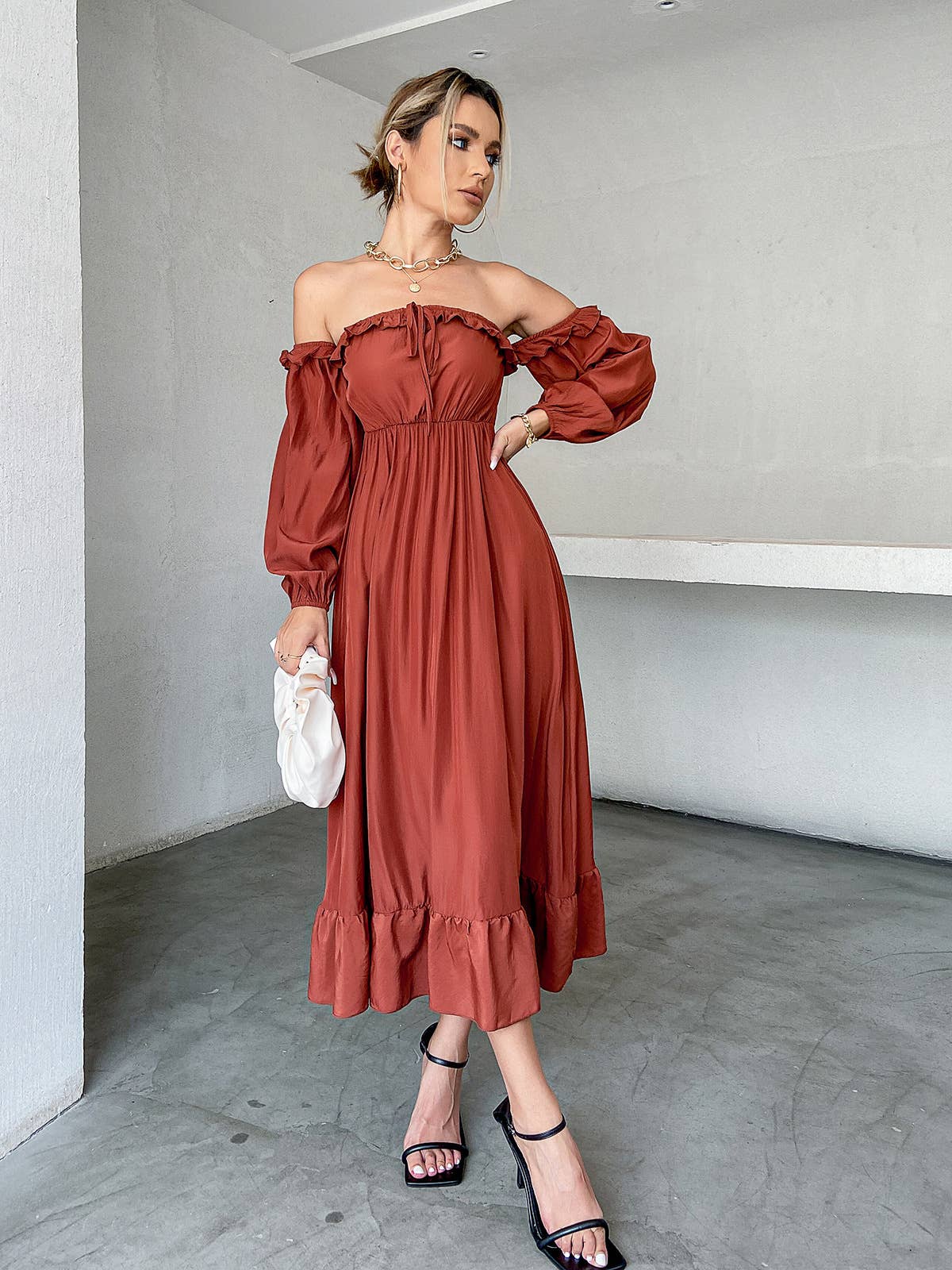 DROP SHOULDER LANTERN SLEEVE WAIST DRESS