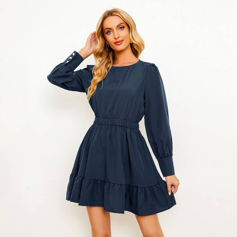 SOLID COLOR PINCHED WAIST LONG SLEEVE DRESS