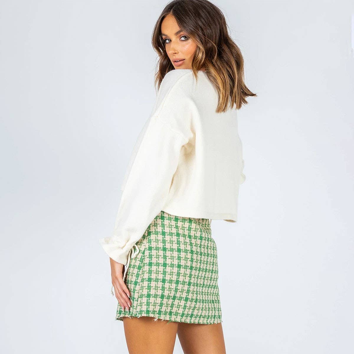 RETRO CHECKERED A-LINE SHORT WOOLEN SKIRT_CWBSS0393