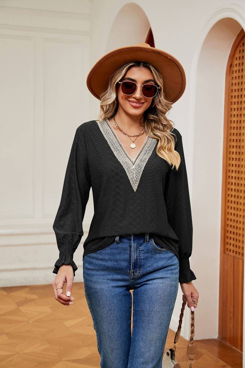 Cwtbll2389_V-Neck Lace Stitching Long-Sleeved Pullover
