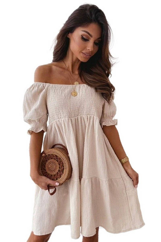 CWDSD8921_OFF-SHOULDER PLEATED SOLID COLOR DRESS