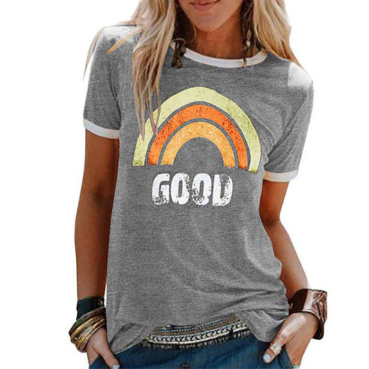 Good Rainbow Print Crew Neck Short Sleeve T-Shirt