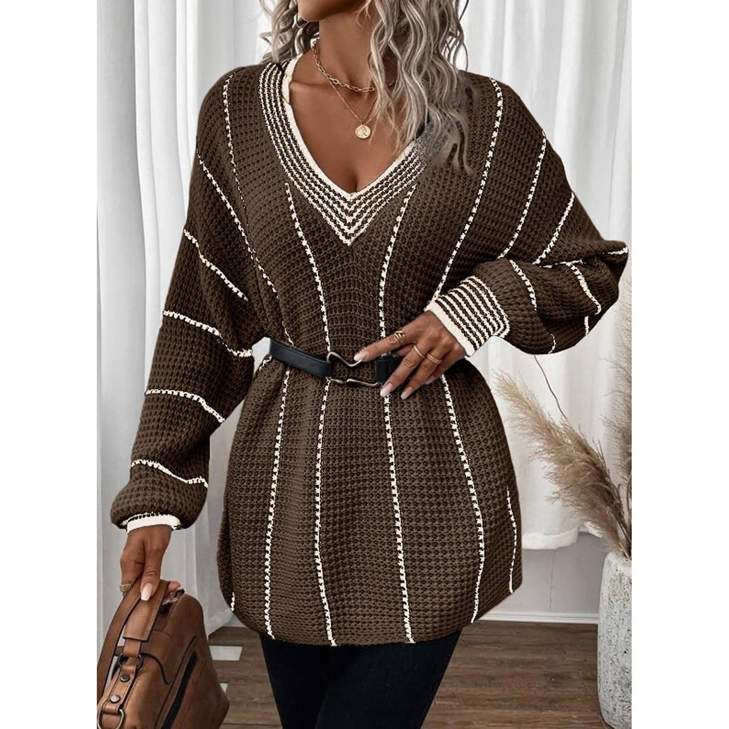 KNITTED V-NECK STRIPED PULLOVER SWEATER