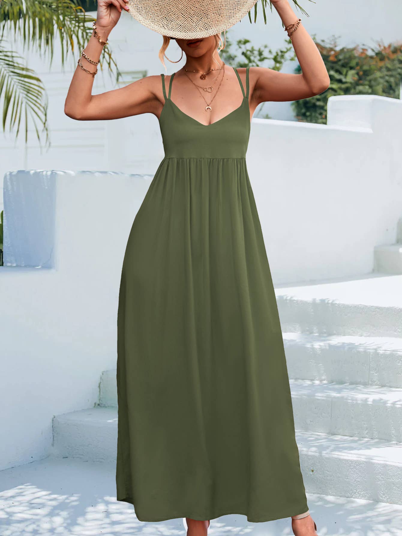 Sexy V-neck solid-color backless halter dress