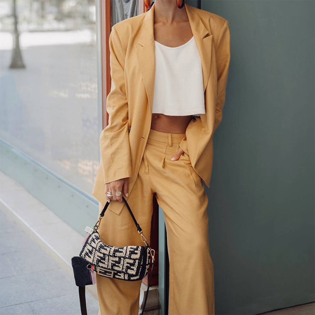 SOLID COLOR SUIT WIDE-LEG PANTS TWO-PIECE SET