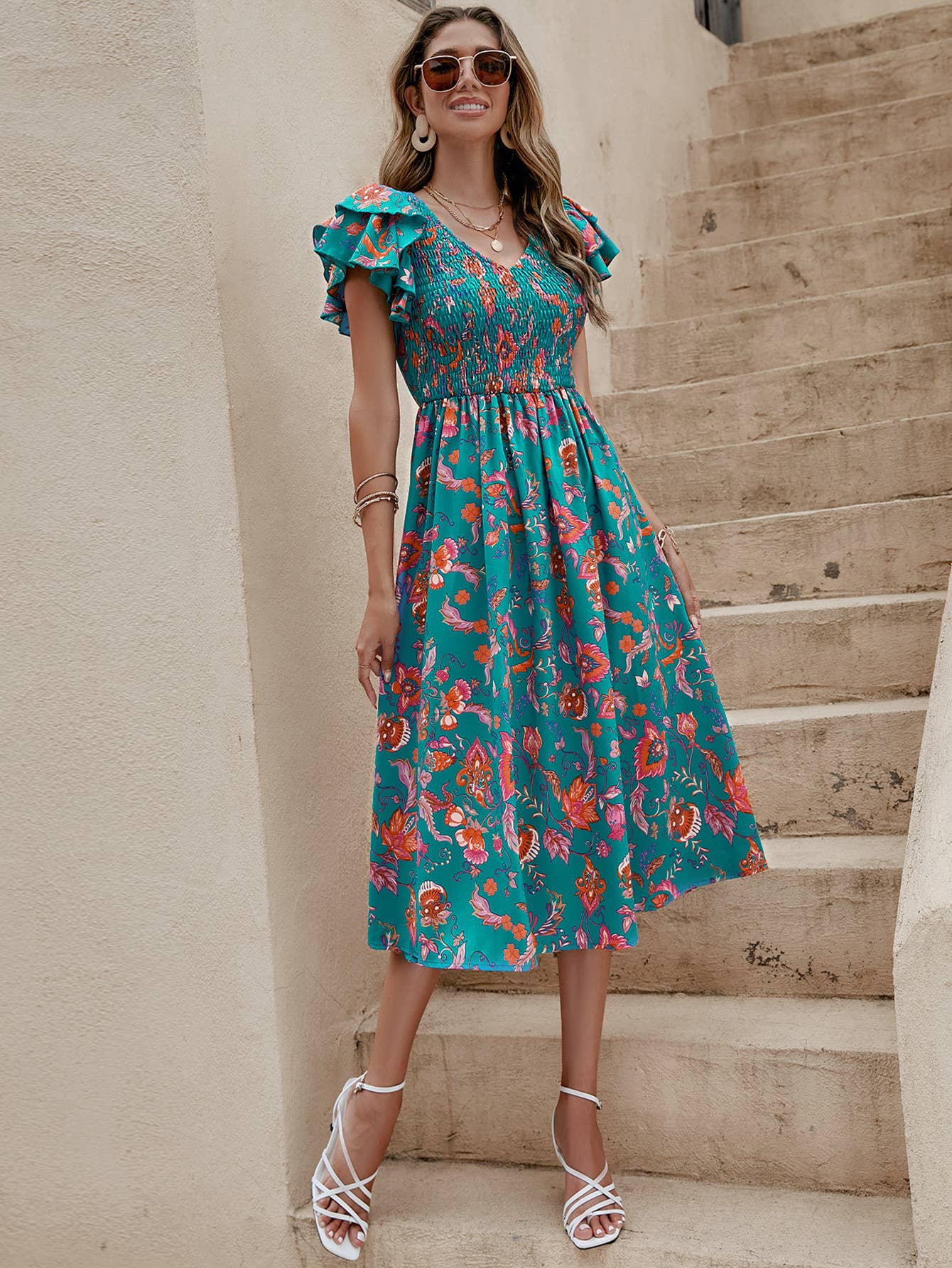 Printed V-neck short-sleeved cinched-waist dress