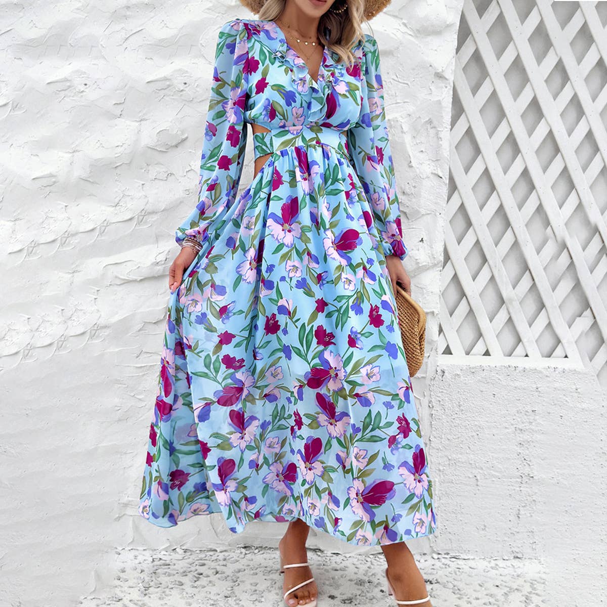 Off waist printed V-neck dress_CWDMD1497