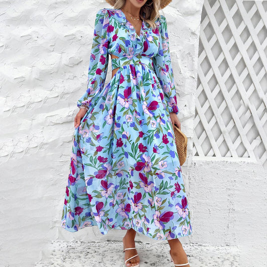 Off waist printed V-neck dress_CWDMD1497