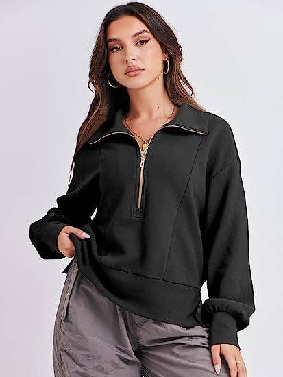SOLID LONG-SLEEVED HOODIE WITH HALF ZIP COLLAR