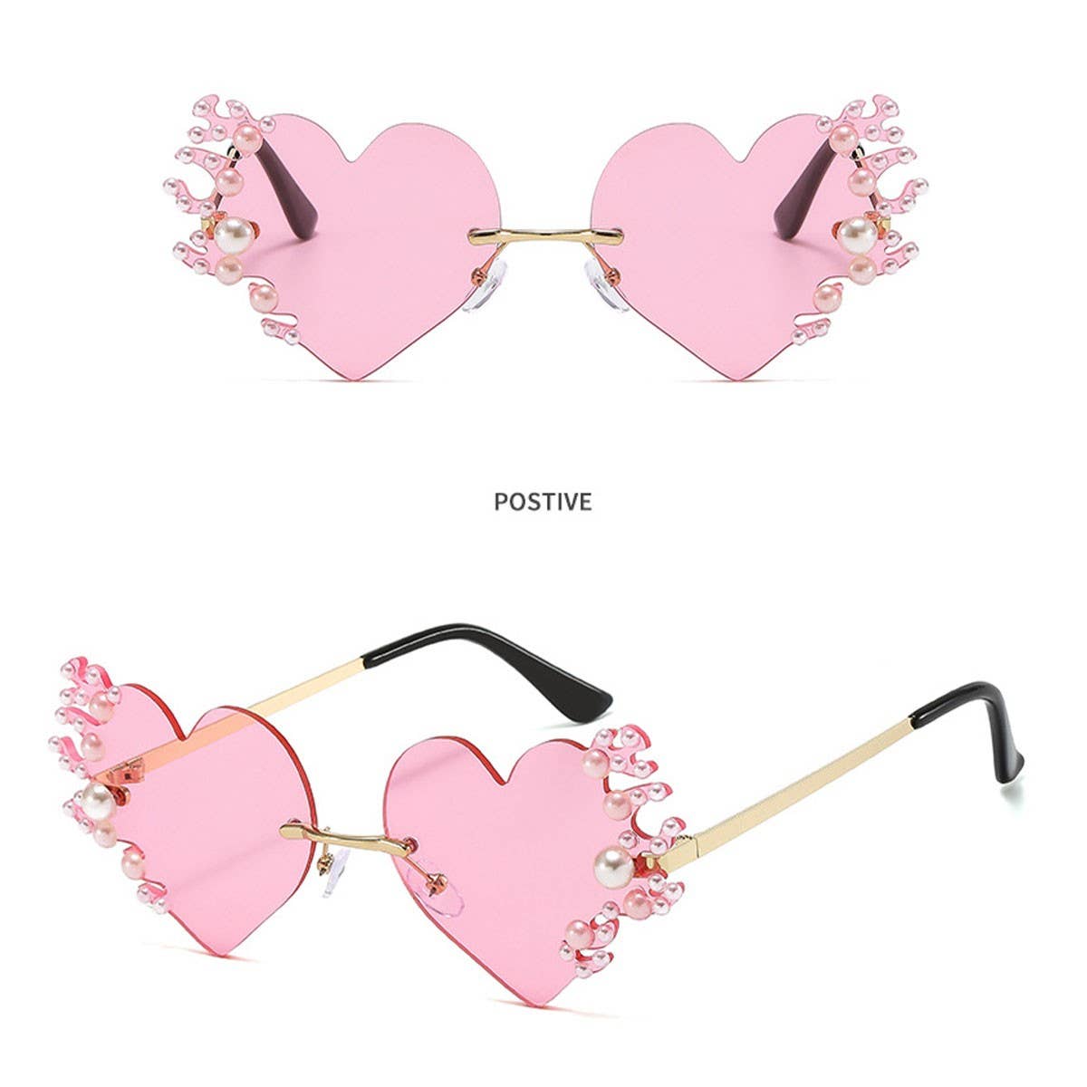 METAL RIMLESS PEARL HEART TEARS SUNGLASSES