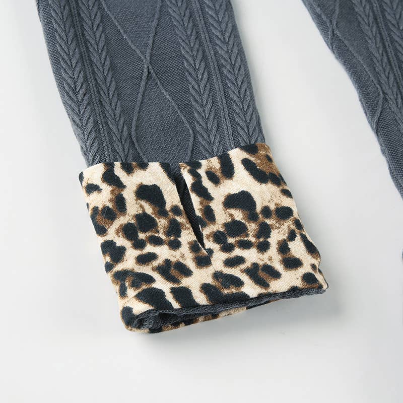 LEOPARD PRINT PATCHWORK KNIT LONG SLEEVE T-SHIRT