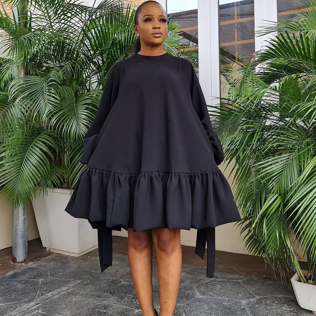 LOOSE SOLID COLOR PUFF SLEEVES PLUS SIZE DRESS