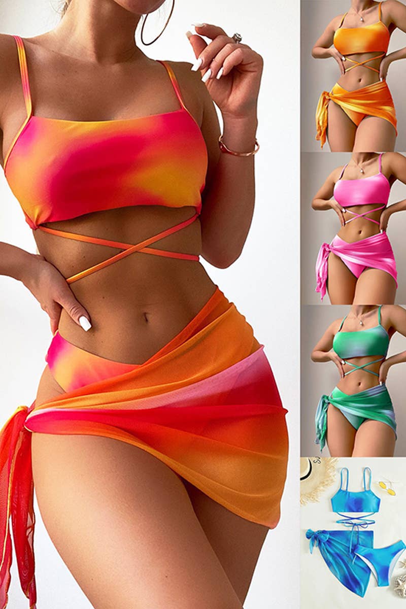 CWMW0741_THREE-PIECE MESH SKIRT TIE-DYE BIKINI SWIMSUIT