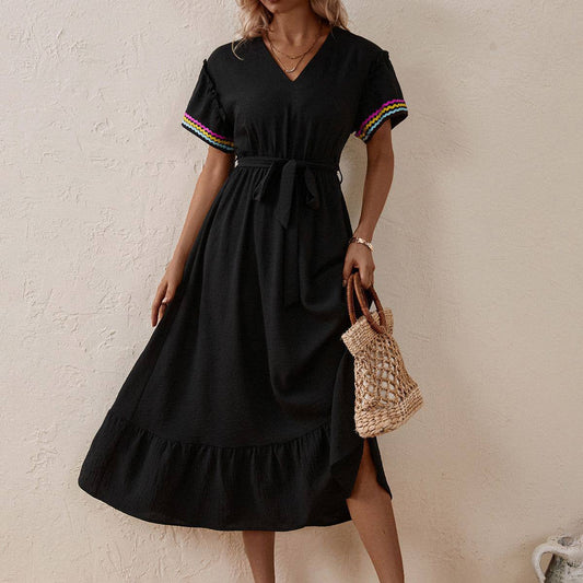V-neck short sleeve lace-up mid-length dress