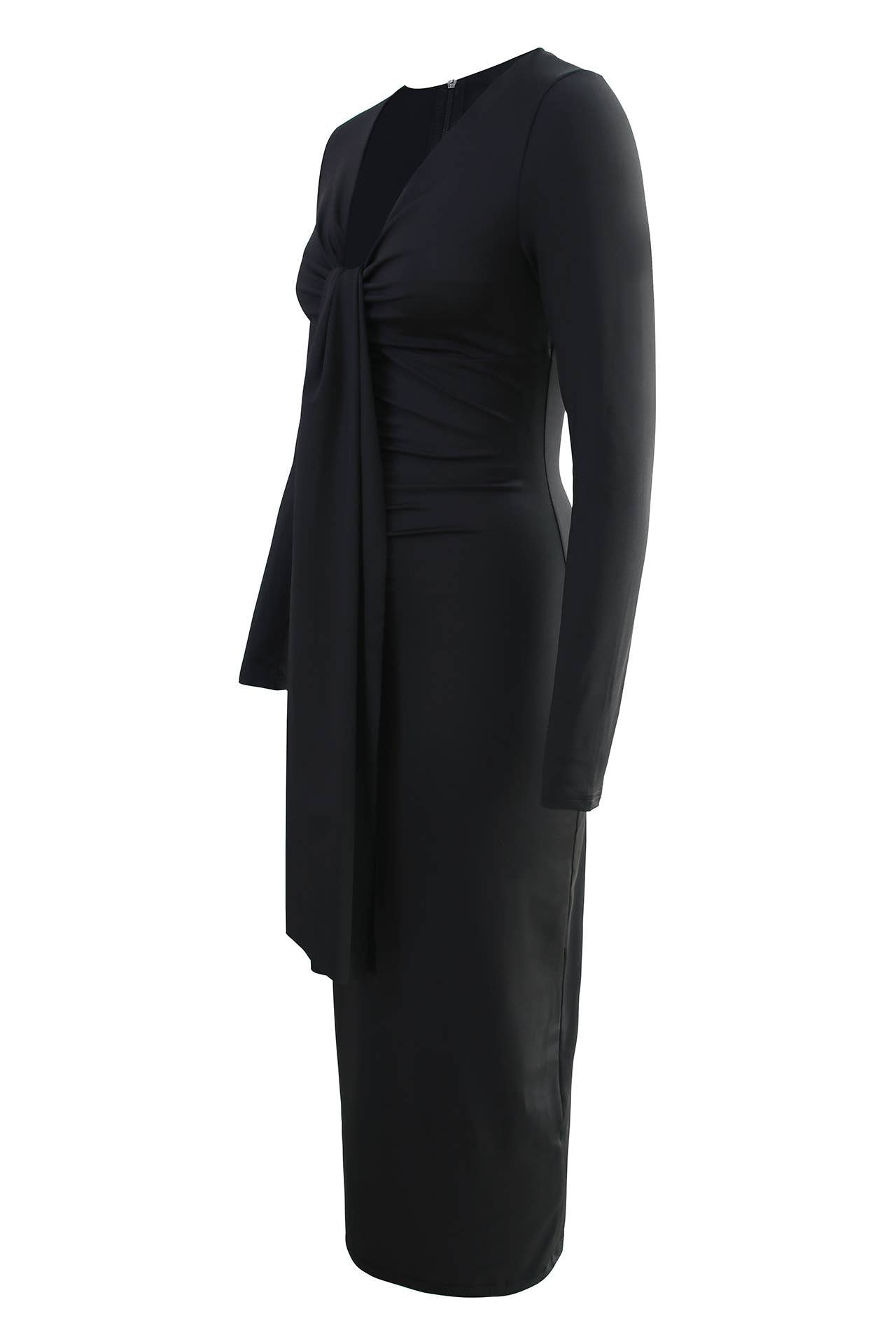 LONG SLEEVE V-NECK WAIST PLEATED LONG DRESS