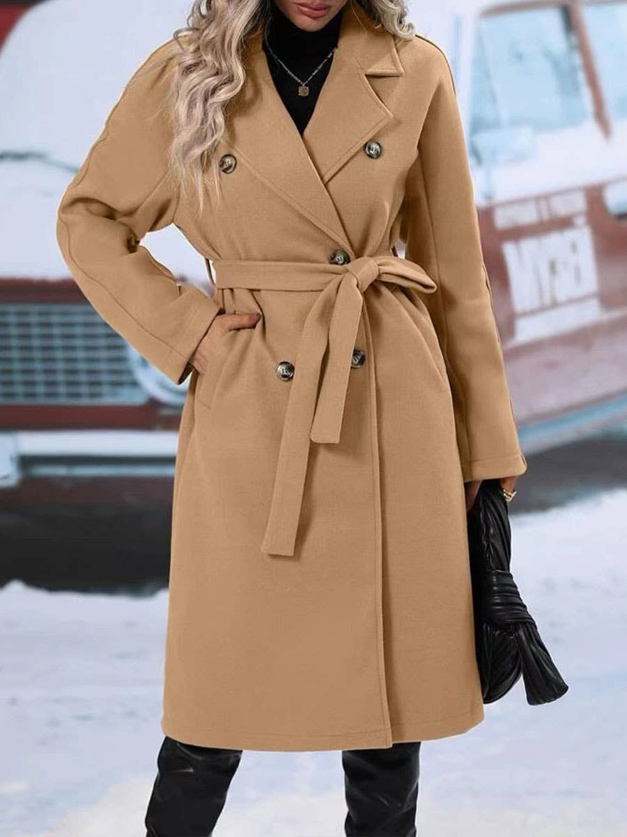 Thickened lapel tie double-breasted longer coat