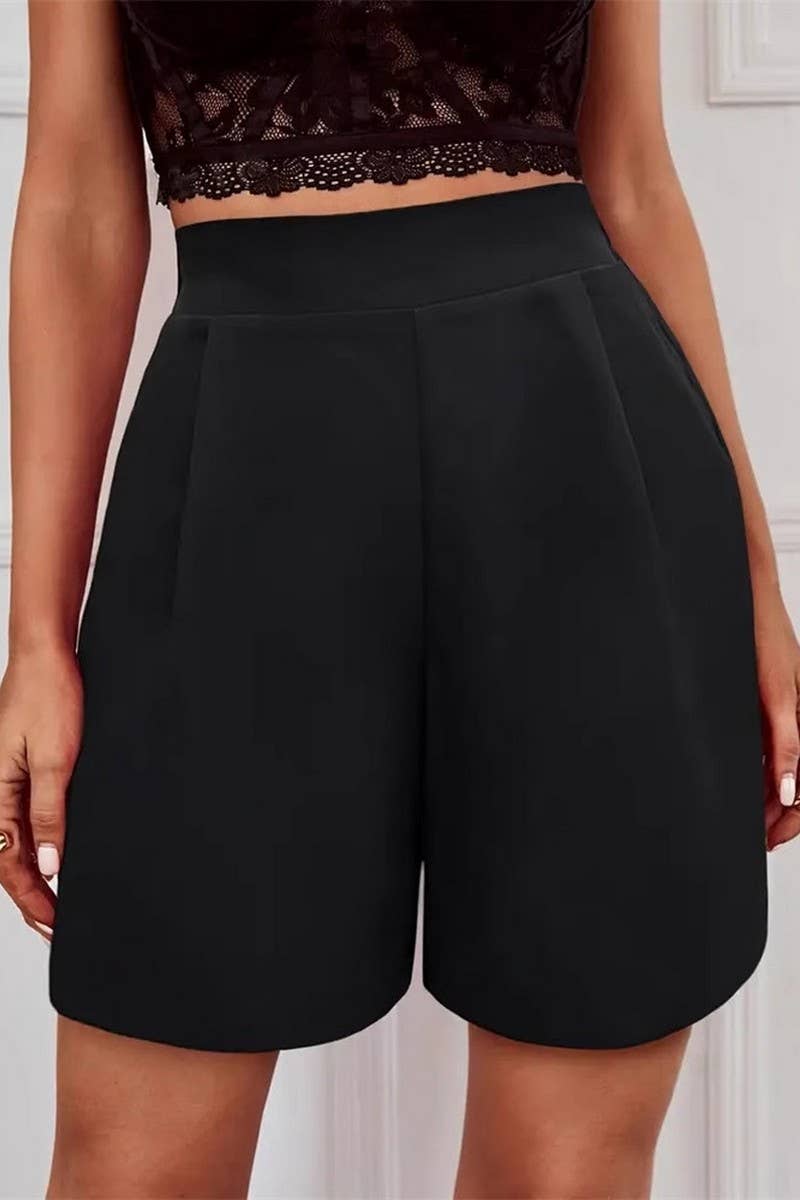 CWBSP0499_HIGH WAIST SOLID COLOR WIDE LEG CASUAL SUIT SHORTS