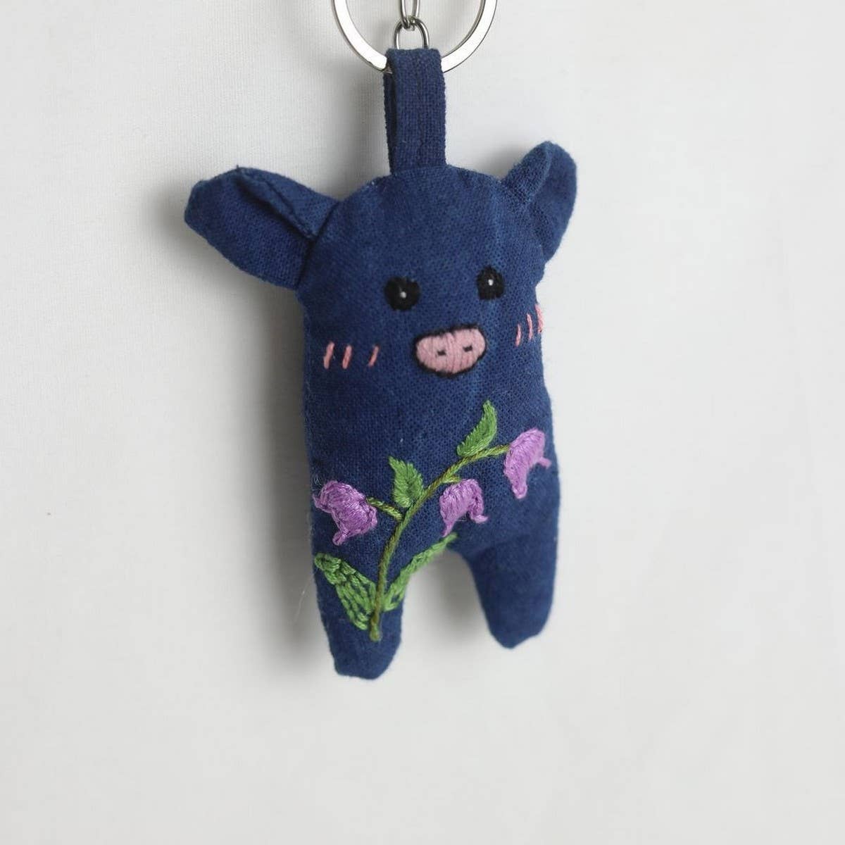 Hand-Embroidered Blue Dye Pig Plush Keychain