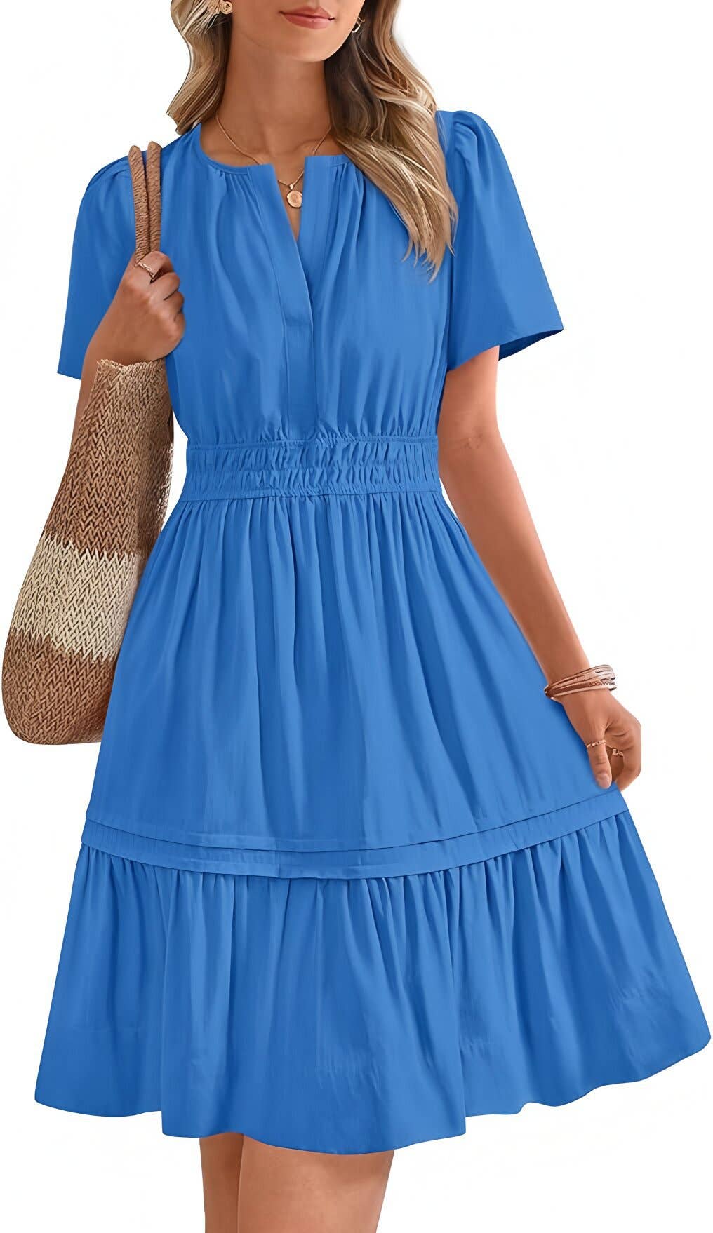 V-neck solid-color cinched waist short dress